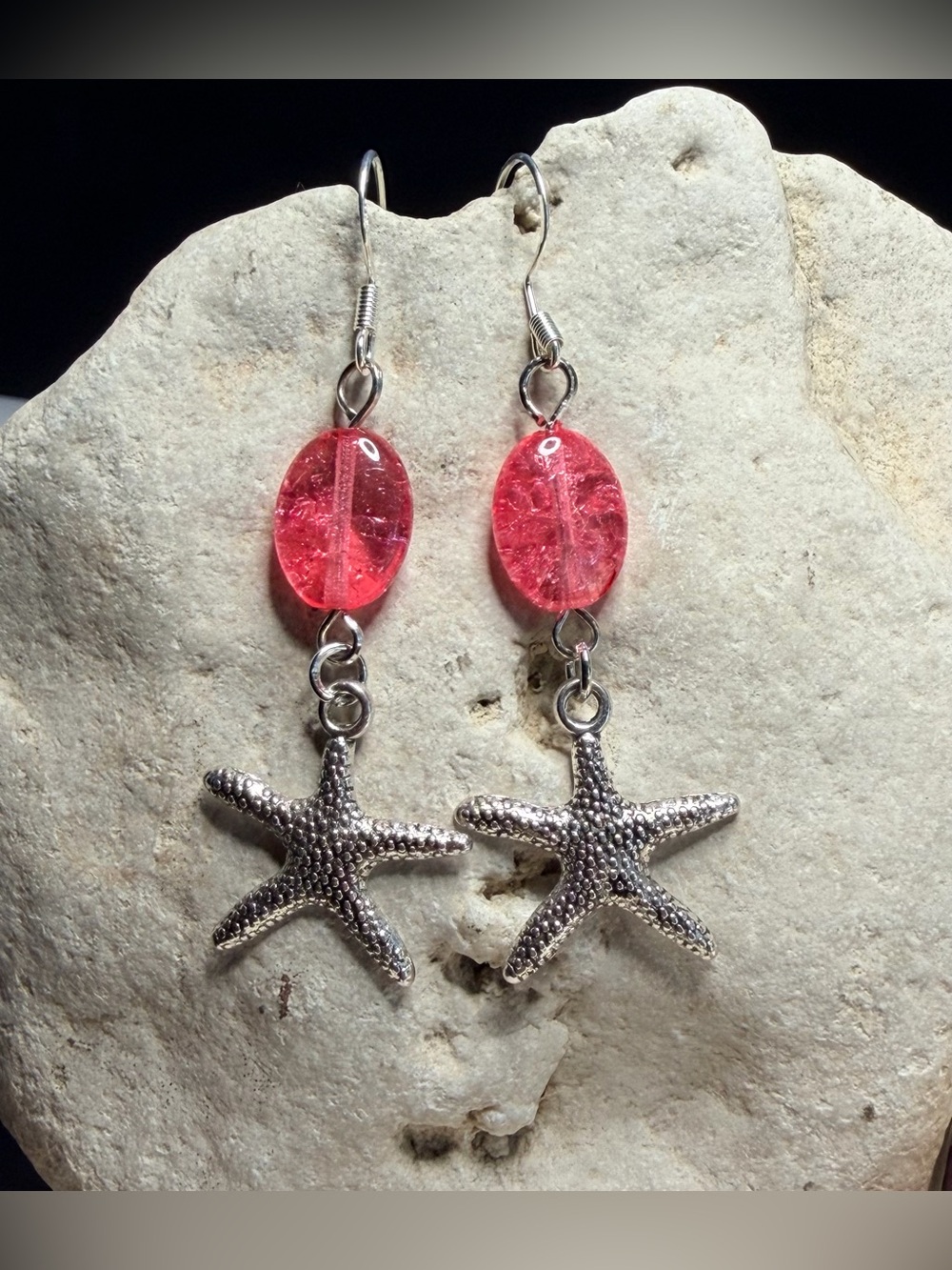 ✨Handmade✨ Silver Starfish Earrings with Pink Beads - Hypoallergenic